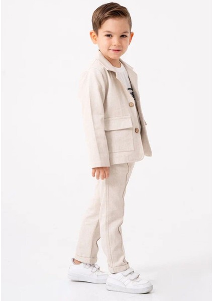 Keten Ceketli Çimalı Erkek Çocuk 3 lü takım - Bej modelleri