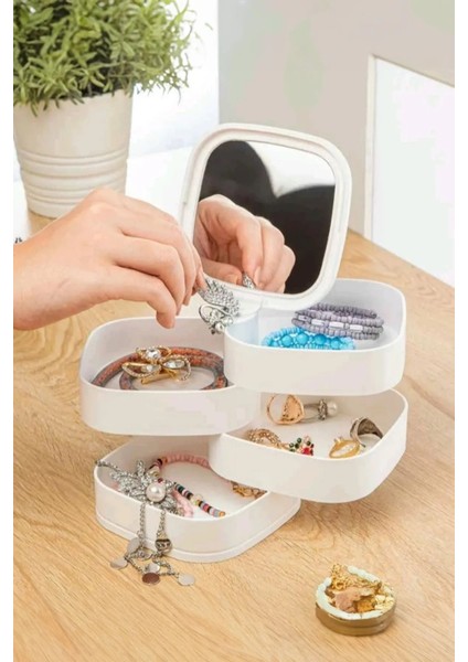 Aynalı 4 Katlı Takı Organizeri 360 Derece Dönebilen Makyaj Organizeri Düzenleyici Kutu