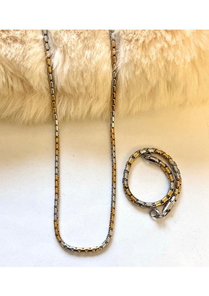 Gold&Gümüş Mixli Örme Çelik Unisex Kolye ve Bileklik Set