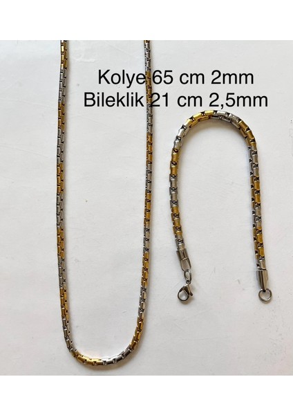 Gold&Gümüş Mixli Örme Çelik Unisex Kolye ve Bileklik Set