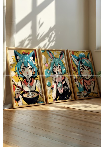 Pop Art Anime Tarzı 3'lü Ahşap Çerçeveli Tablo Seti 21 x 30