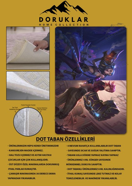 Kaymaz Taban Makinada Yıkanabilir Dijital Baskı Arcane Jinx ve Vi Desenli Çocuk Odası Halısı Dot Taban Halı ARC10