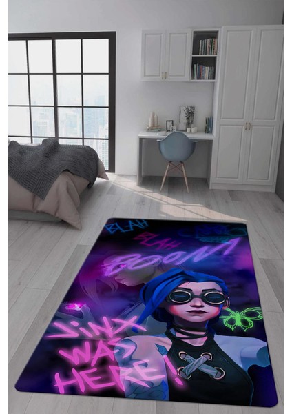 Kaymaz Taban Makinada Yıkanabilir Dijital Baskı Arcane Jinx Desenli Çocuk Odası Halısı Dot Taban Halı ARC04