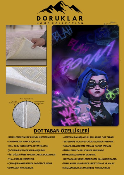 Kaymaz Taban Makinada Yıkanabilir Dijital Baskı Arcane Jinx Desenli Çocuk Odası Halısı Dot Taban Halı ARC04