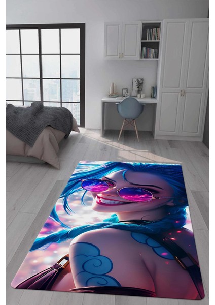 Kaymaz Taban Makinada Yıkanabilir Dijital Baskı Arcane Jinx Desenli Çocuk Odası Halısı Dot Taban Halı ARC06