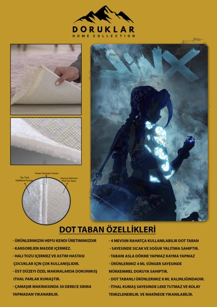 Kaymaz Taban Makinada Yıkanabilir Dijital Baskı Arcane Jinx Desenli Çocuk Odası Halısı Dot Taban Halı ARC01