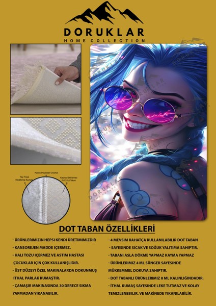 Kaymaz Taban Makinada Yıkanabilir Dijital Baskı Arcane Jinx Desenli Çocuk Odası Halısı Dot Taban Halı ARC06 fiyatları