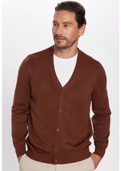 Erkek Slim Fit Düğmeli Düz Pamuklu Kahverengi Hırka