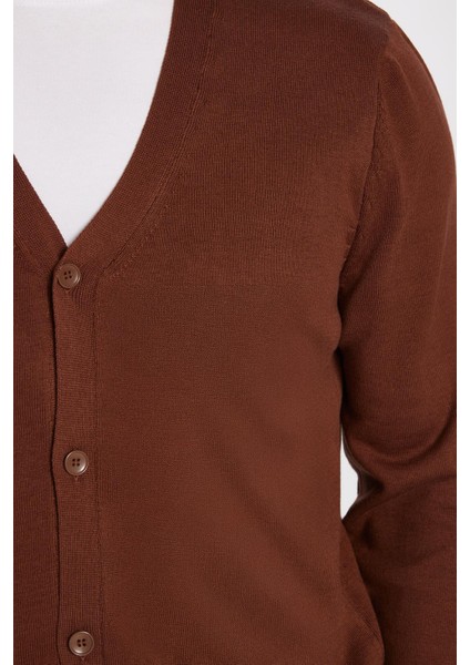 Erkek Slim Fit Düğmeli Düz Pamuklu Kahverengi Hırka modelleri