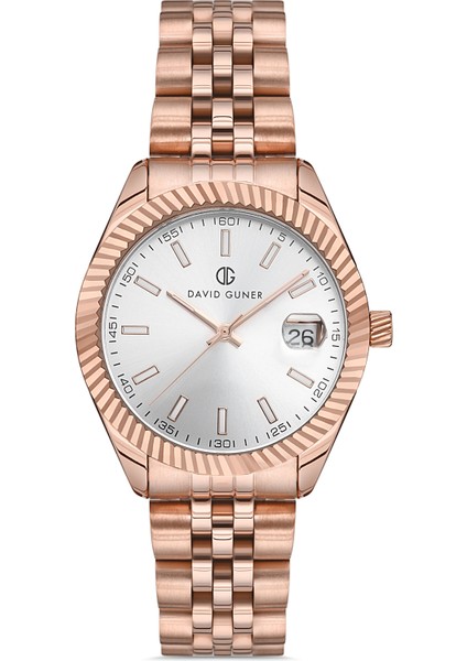 Davıd Guner Rose Kaplama Gümüş Kadranlı Takvimli Paslanmaz Masif Çelik Kadın Kol Saati