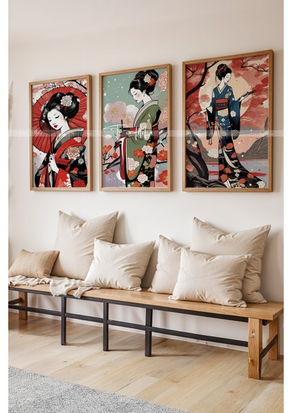 Japon Kadın Figürlü 3'lü Ahşap Çerçeveli Tablo Seti 21 x 30