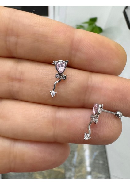 Pembe Zirkon Taşlı 1 Adet Tragus Helix Lobe Conch Flat Uyumlu Piercing Küpe