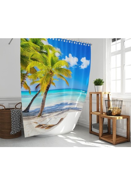Banyo Perdesi 1X180X200 Tek Kanat Duş Perdesi Halka Hediyeli Duşakabin Perdesi Caribbean modelleri