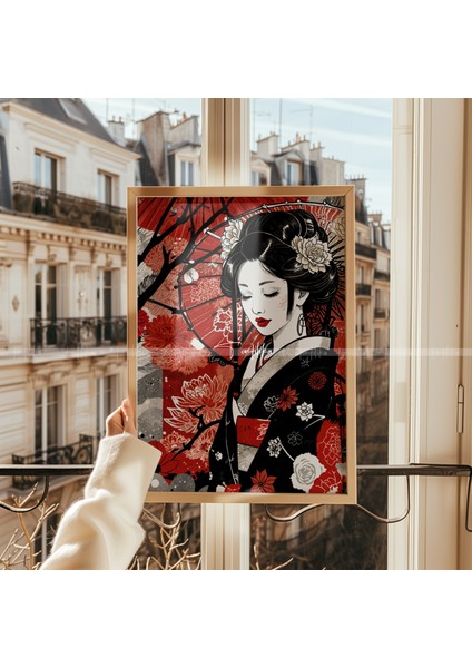 Japon Kadın Temalı 3'lü Ahşap Çerçeveli Tablo Seti 21 x 30