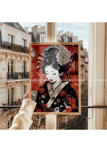 Japon Kadın Temalı 3'lü Ahşap Çerçeveli Tablo Seti 21 x 30
