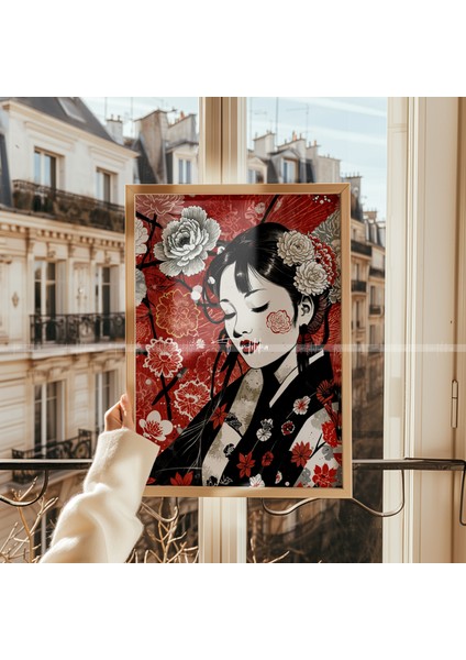Japon Kadın Temalı 3'lü Ahşap Çerçeveli Tablo Seti 21 x 30