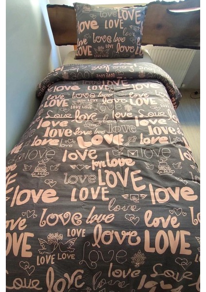 Love Kahve Tek Kişilik Lastikli Çarşaflı 4 Parça Nevresim Takımı