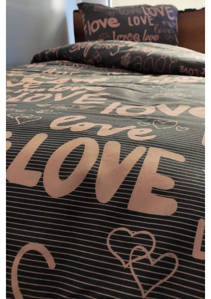 Love Kahve Tek Kişilik Lastikli Çarşaflı 4 Parça Nevresim Takımı
