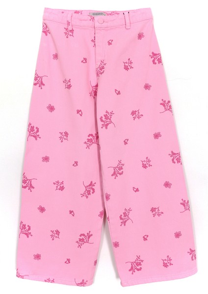 Desenli Bol Paça Kız Çocuk Denim Pantolon Pembe 001-0001964