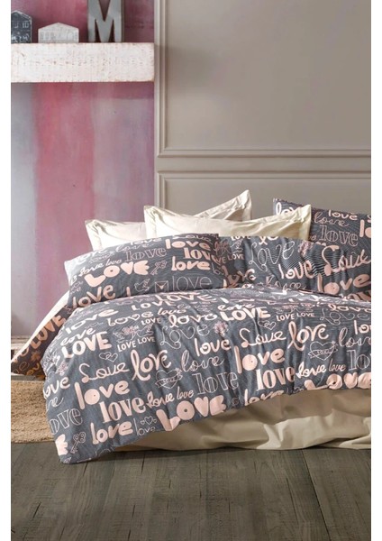 Love Kahve Lastikli Çarşaflı Çift Kişilik Nevresim Takımı