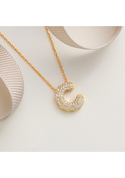 925 Ayar Sarı Altın Kaplama C Harfli Gümüş Kolye