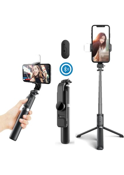 Işıklı Selfie Stick 360 Derece Bluetooth Kumandalı Selfie Çubuğu Fill Light Tripod Q02S