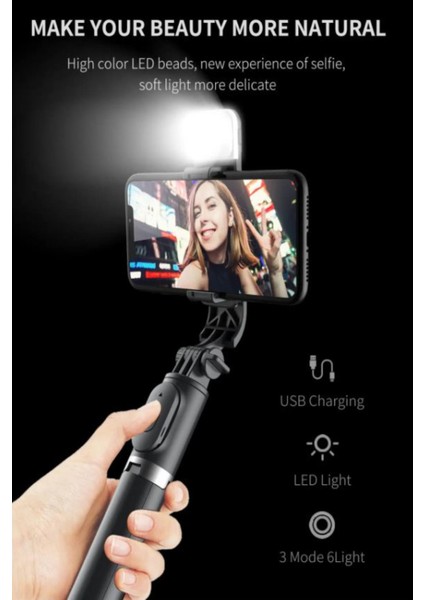 Işıklı Selfie Stick 360 Derece Bluetooth Kumandalı Selfie Çubuğu Fill Light Tripod Q02S