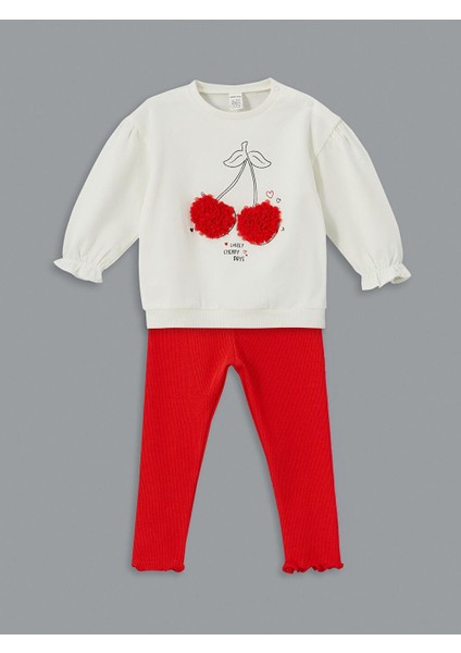 Lcw Baby Bisiklet Yaka Kiraz Baskılı Kız Bebek Sweatshirt ve Tayt 2'li