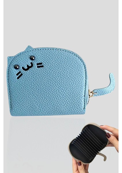 Mavi Kedili Cüzdan Suni Deri Çok Bölmeli Kedi Model Cüzdan