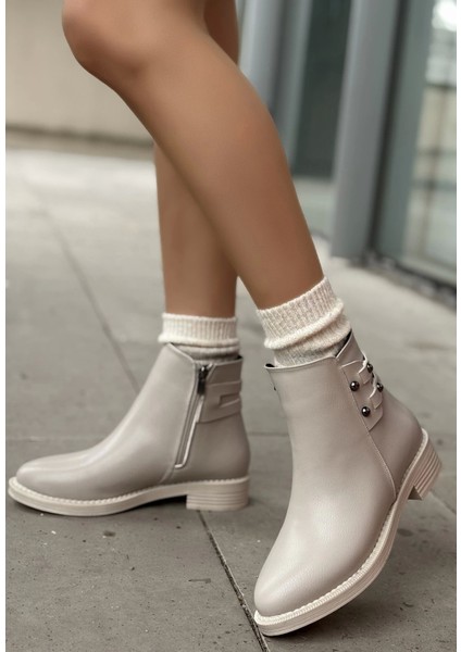 Siari Bej Cilt Topuklu Bot