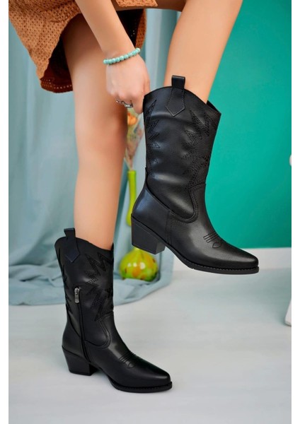 Emaly Siyah Cilt Topuklu Çizme modelleri