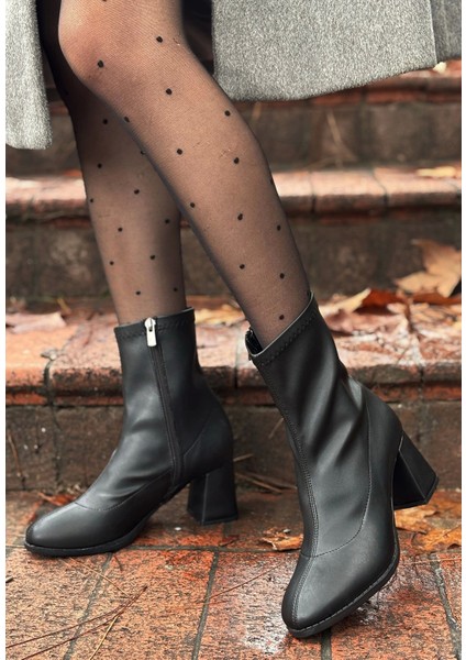 Kayte Siyah Cilt Streç Topuklu Bot