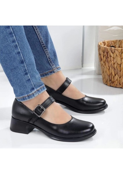 Reos Siyah Cilt Topuklu Babet Ayakkabı fırsatları