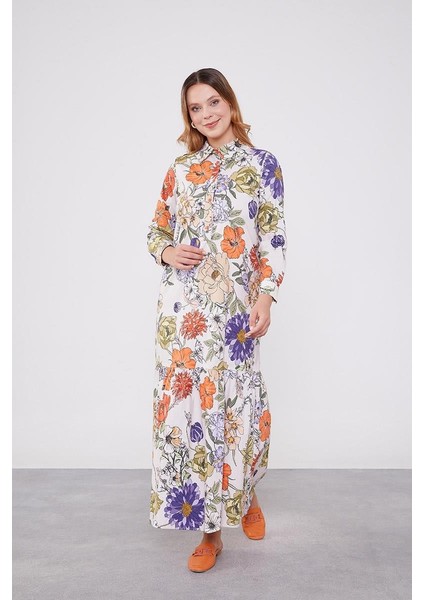 Yeşil Çiçekli Gömlek Yaka Empirme Elbise