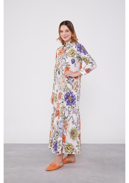 Yeşil Çiçekli Gömlek Yaka Empirme Elbise