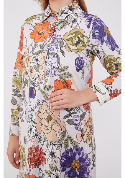 Yeşil Çiçekli Gömlek Yaka Empirme Elbise