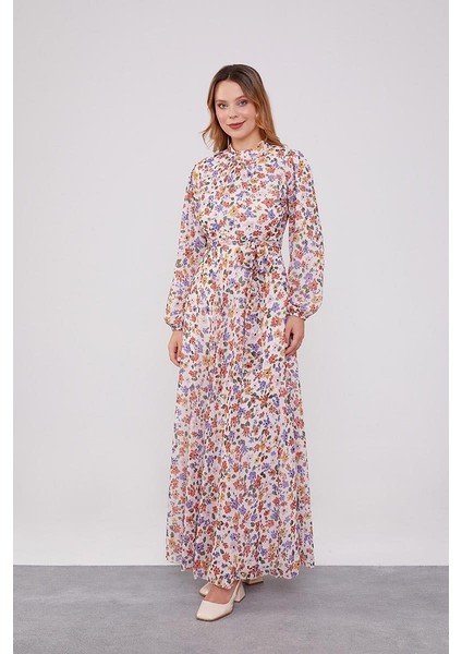 Pudra Çiçek Desenli Belden Kuşaklı Elbise