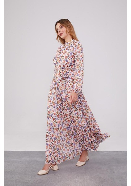 Pudra Çiçek Desenli Belden Kuşaklı Elbise fiyatları