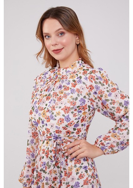 Pudra Çiçek Desenli Belden Kuşaklı Elbise modelleri