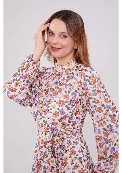 Pudra Çiçek Desenli Belden Kuşaklı Elbise indirimleri