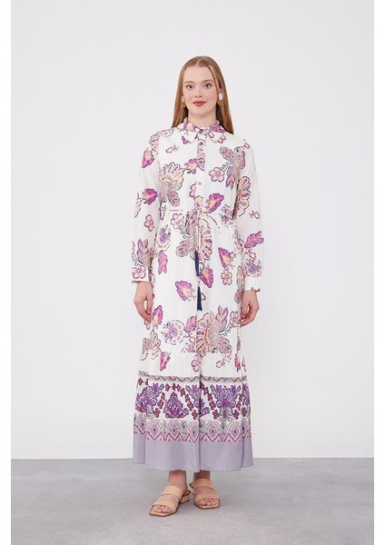 Bej Gömlek Yaka Beli Ip Detaylı Elbise