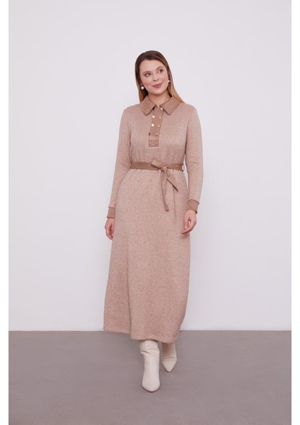 Koyu Bej Kendinden Simli Kaşmir Elbise