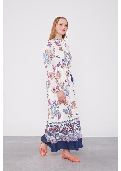 Lacivert Gömlek Yaka Beli Ip Detaylı Elbise