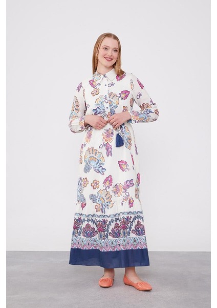 Lacivert Gömlek Yaka Beli Ip Detaylı Elbise