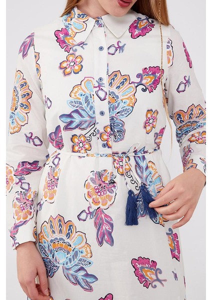 Lacivert Gömlek Yaka Beli Ip Detaylı Elbise