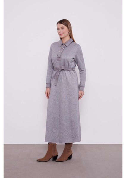 Gri Kendinden Simli Kaşmir Elbise
