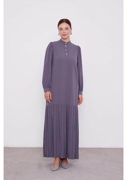 Antrasit Hakim Yaka Eteği Piliseli Şifon Elbise