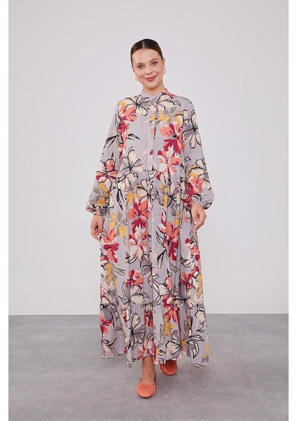 Gri Eteği Volanlı Empirme Elbise