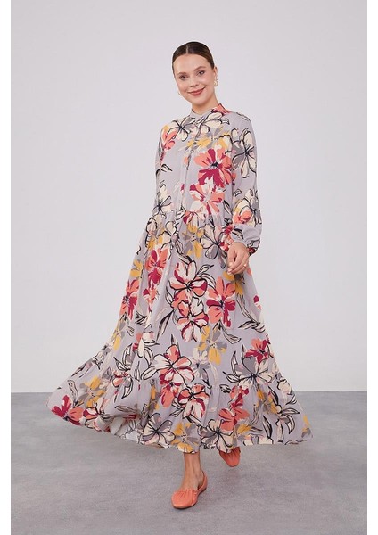 Gri Eteği Volanlı Empirme Elbise