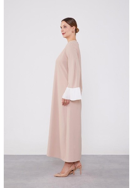 K.bej Kolları Şifon Pliseli Elbise modelleri